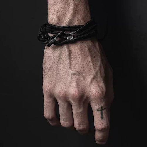 Aged Silver Buckle Stacked Leather Bracelet (26RE-B02)